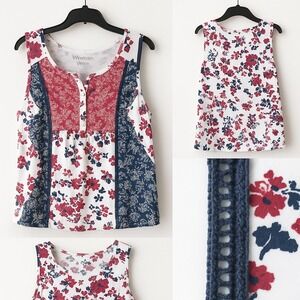 Women Within 1X (22/24) Sleeveless Henley Tank Floral Paisley Crochet Patriotic‎